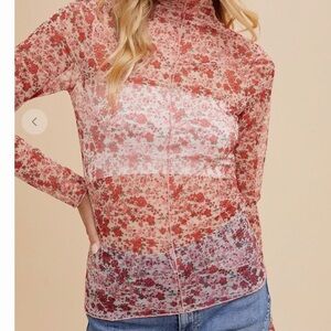 Annie Los Angelese Sheer Floral Mock Neck Top in Red and White